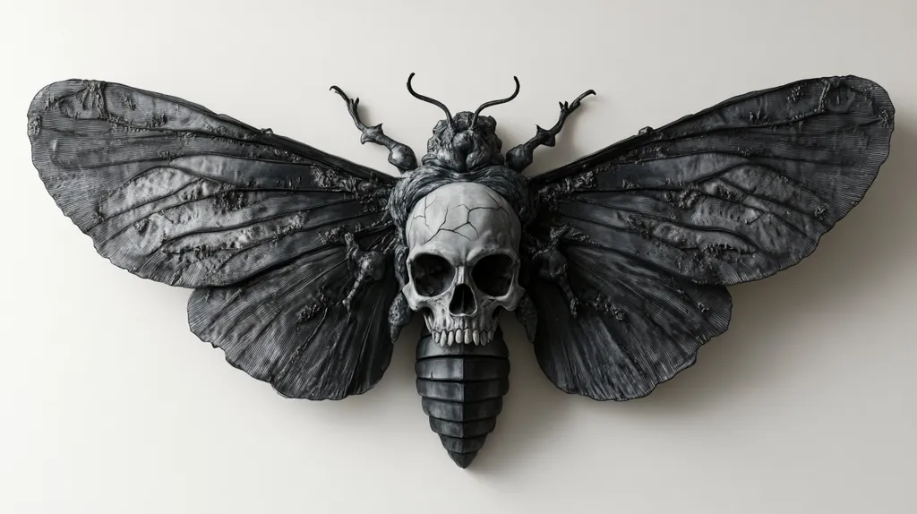 A large, intricately detailed black moth sculpture with a human skull in the center. The moth's wings are spread wide, showcasing intricate vein patterns. The skull has a cracked surface and empty eye sockets, giving it a haunting and eerie aesthetic. The sculpture is displayed against a plain white background.