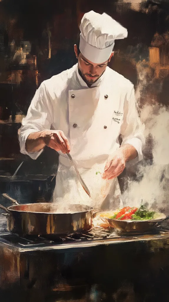 A chef in a white chef's uniform and hat is cooking in a kitchen. He is stirring a pot on the stove with a metal spatula. There is a pan of food on the stove to his right. The kitchen is dimly lit and there is steam rising from the food. The chef's face is partially obscured by the steam. The image is painted in a realistic style.