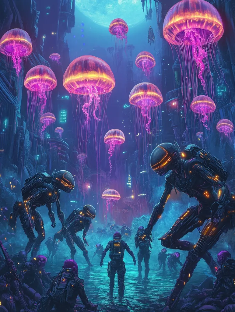 A surreal, neon-lit landscape filled with glowing jellyfish and robotic figures. The scene is bathed in a vibrant, ethereal glow, creating an otherworldly atmosphere. The robots, clad in dark armor, stand amidst a futuristic cityscape, their presence both imposing and mysterious. The image evokes a sense of wonder and exploration, as if the viewer has stumbled upon a hidden, technological paradise.
