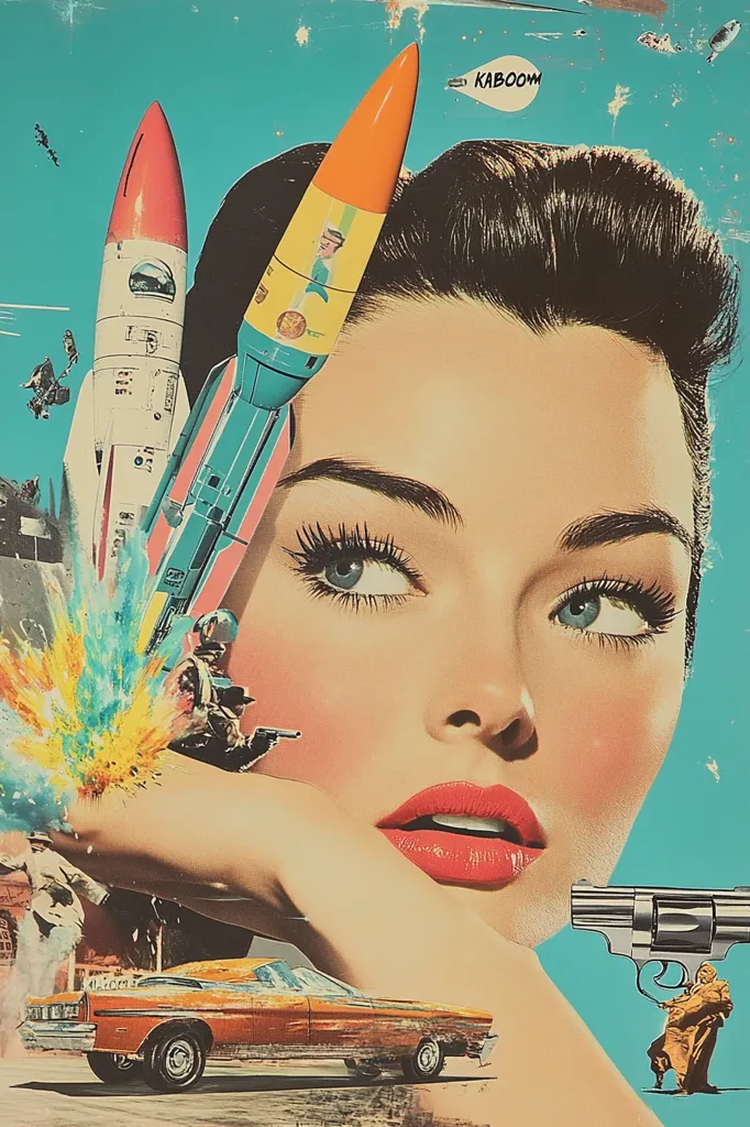 The image is a collage featuring a woman with a dramatic expression, her face framed by a rocket. The rocket is depicted as a vibrant, colorful object, with a "Kaboom!" speech bubble, and the woman's hand is placed on a gun. The backdrop of the image is an explosion of colors, with a vintage car in the foreground. The image evokes a sense of action and excitement, hinting at a story of danger and adventure.