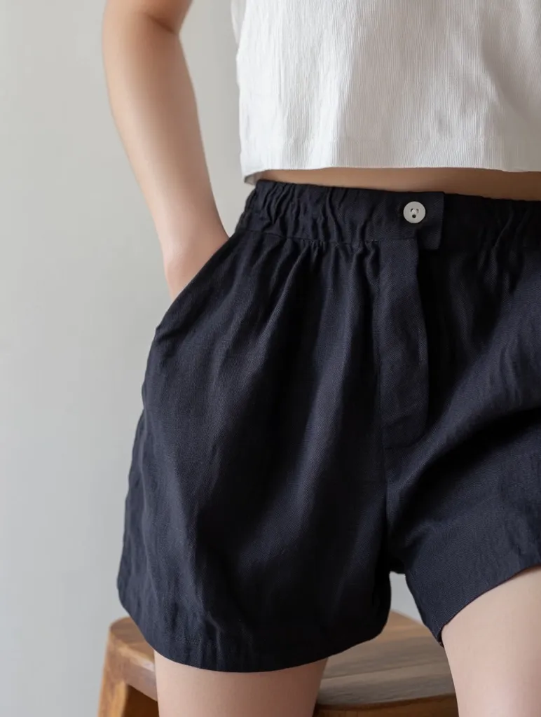 A person is wearing a white cropped top and black linen shorts. They are sitting on a wooden stool with their left hand in their pocket. The shorts are loose-fitting and have a single button and a drawstring waist. The fabric is textured and has a slight sheen.  The image is close-up and focuses on the shorts.