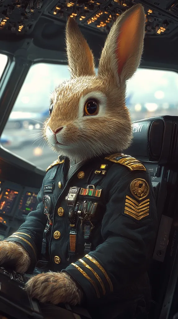 A rabbit in a military uniform sits in the cockpit of an airplane. It has a serious expression on its face and its paws are resting on the controls. The rabbit is wearing a dark green jacket with gold buttons and stripes on the sleeves. It has a patch on its left shoulder and a variety of medals and decorations on its chest. The rabbit is seated in the pilot's seat, with the airplane's instrument panel visible in the background.  The image suggests a sense of whimsy and absurdity, with the rabbit taking on the role of a pilot.