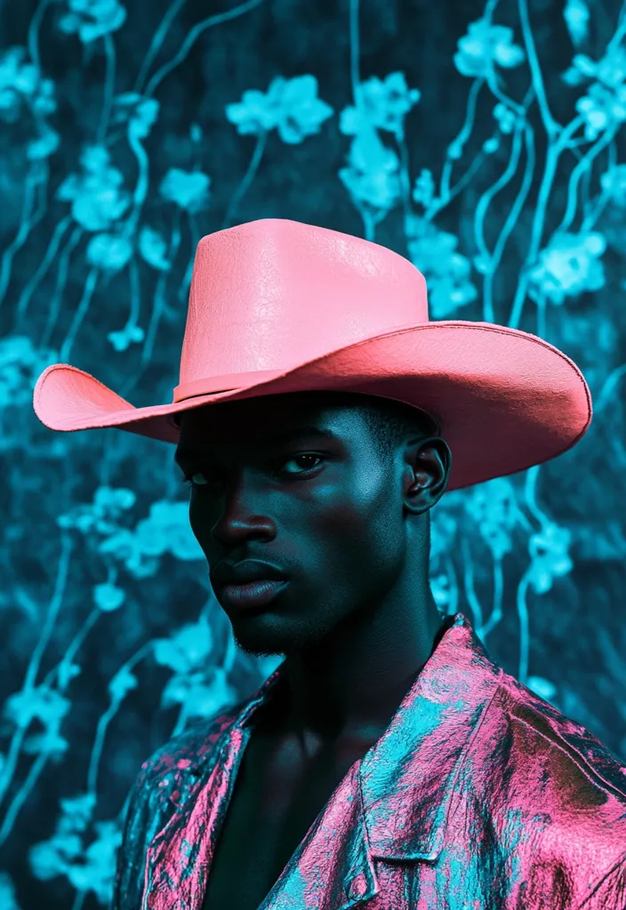 A young man with dark skin is wearing a bright pink cowboy hat and a metallic, iridescent jacket. He is looking to the side, and his face is illuminated in a strong light. The background is a blurred blue and turquoise floral pattern. The image has a stark and dramatic feel.
