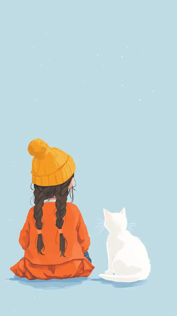 A young girl with long braided hair, wearing a yellow beanie and an orange sweater, sits with her back to the viewer. A white cat sits beside her, also facing away from the viewer.  They are both looking at something in the distance, on a light blue background with a few scattered white dots.  The scene is simple and serene.