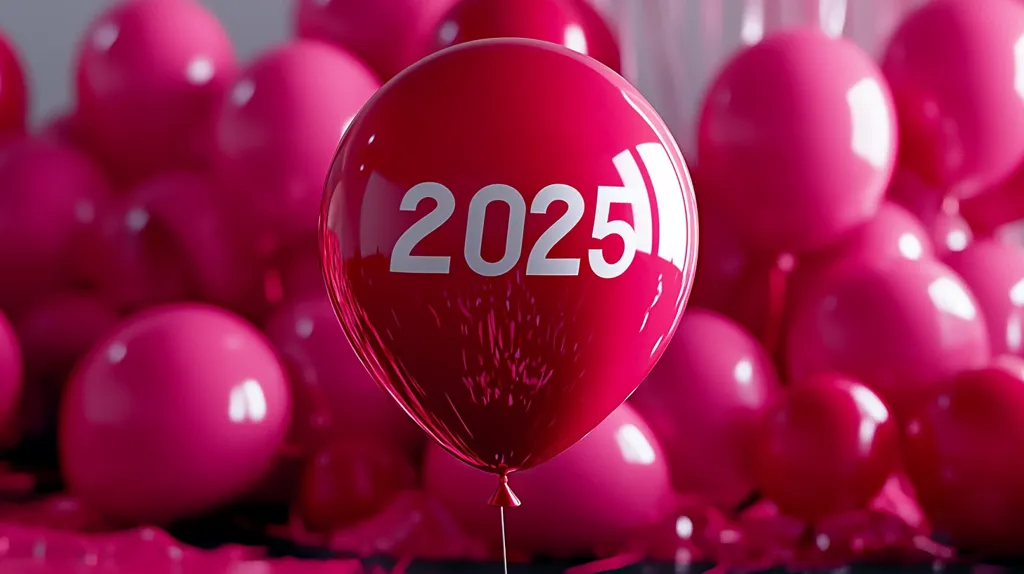 A single, bright pink balloon stands out against a background of deflated pink balloons. The balloon is printed with the year "2025" in white lettering. The image evokes a sense of celebration and anticipation for the new year.  The deflated balloons suggest a party that has just ended, leaving behind a memory of joy and fun.