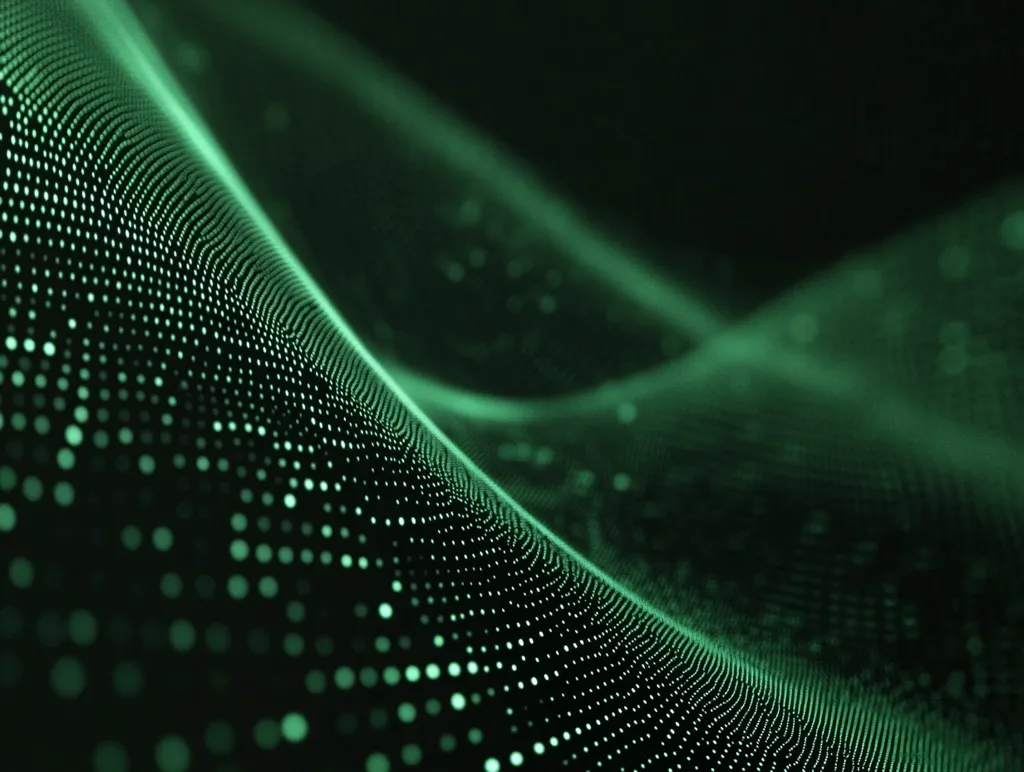 The image depicts a digital abstract background with a soft, undulating green wave made up of countless tiny dots. The wave appears to be flowing from the left side of the frame to the right, disappearing into a dark background. The overall effect is one of fluidity, movement, and depth.