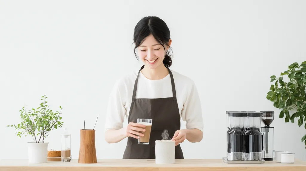 A young woman wearing a brown apron and a white shirt is holding a glass of coffee in one hand and stirring a cup of coffee with the other. She is smiling as she looks down at the coffee. There are two plants and a coffee machine behind her. The setting appears to be a coffee shop.  The image is bright and airy, with a minimalist aesthetic.  It creates a feeling of calm and comfort.