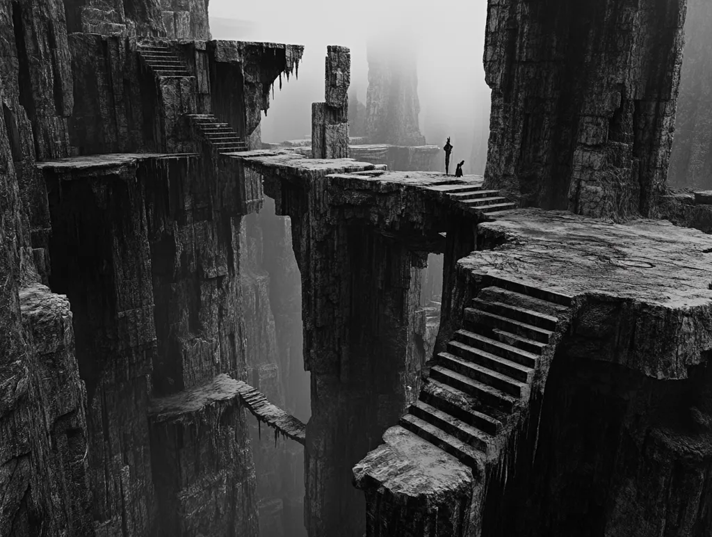 The image is a black and white depiction of a surreal, rocky landscape. Two figures stand on a platform, overlooking a series of jagged cliffs and narrow pathways. The scene is shrouded in mist, creating an atmosphere of mystery and isolation. The composition emphasizes the verticality of the rock formations, highlighting the vastness and inaccessibility of the environment.  The overall effect is one of awe and otherworldly beauty.