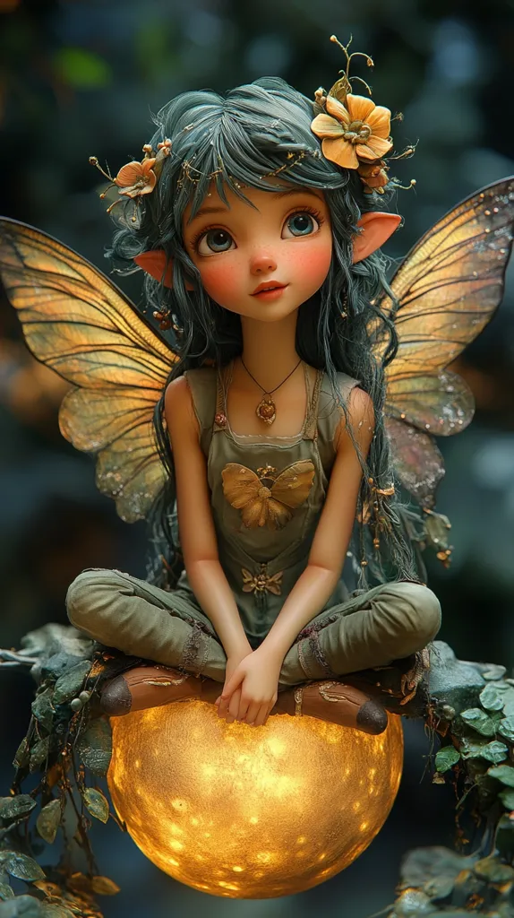 A beautiful fairy with large, blue eyes and long, flowing green hair sits cross-legged on a glowing, orb-like moon. She wears a green jumpsuit with a butterfly design and a delicate necklace. Her wings are a warm, golden color and a single yellow flower adorns her head. The scene is bathed in a soft, ethereal light.  She appears to be a magical and whimsical creature.