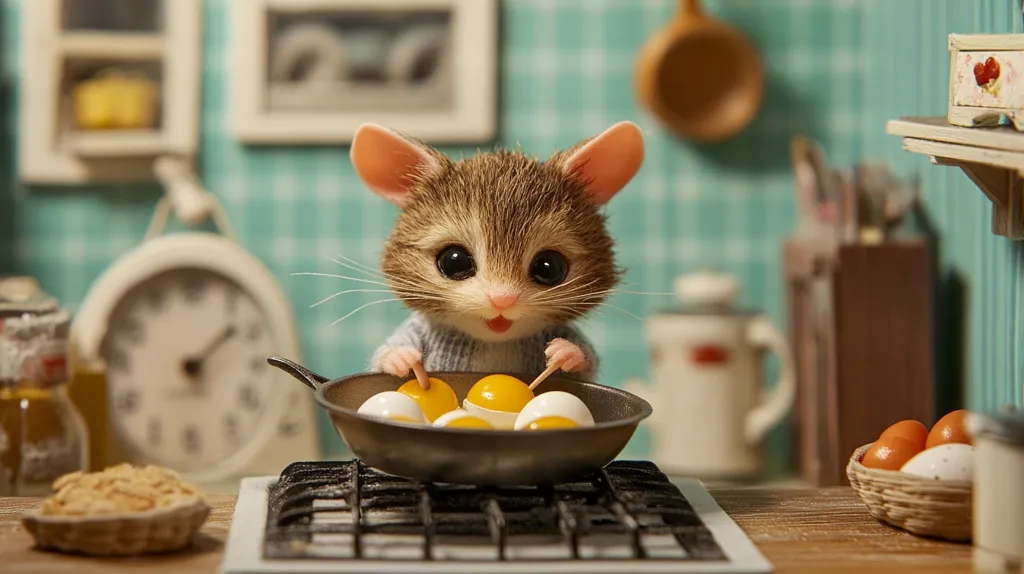 A small, furry mouse with big, dark eyes stands in a miniature kitchen, stirring a pan of eggs on a stovetop. The mouse is dressed in a blue sweater and has a happy expression. The kitchen is decorated with a turquoise and white checkered pattern, and there is a white clock and a basket of eggs on the counter. The scene is whimsical and cute.