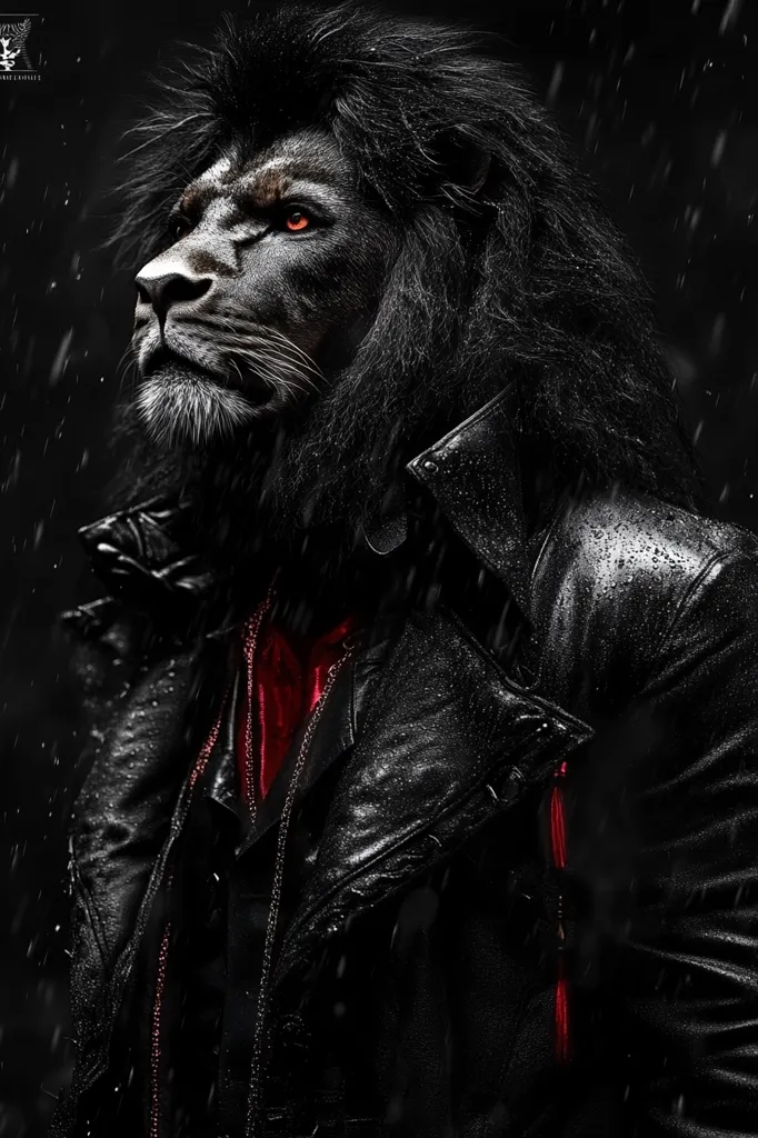 A black lion with piercing red eyes is dressed in a black leather jacket with a red lining. Rain falls in the background, adding a sense of mystery and danger to the scene. The lion’s gaze is intense and focused, suggesting a powerful and untamed spirit. The image evokes a sense of darkness and the unknown.