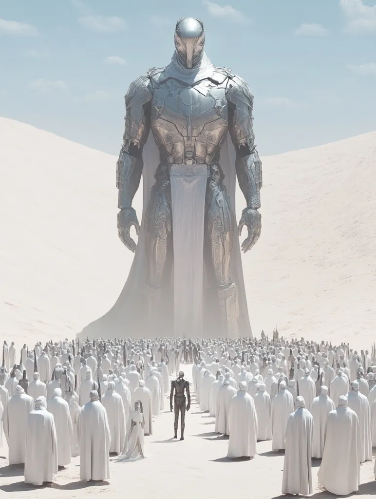 A large, armored figure stands before a crowd of people dressed in white robes. The figure appears to be a deity or leader, towering over the people and radiating a sense of power. The setting is a vast desert landscape, with white sand stretching as far as the eye can see. The scene evokes a sense of awe and reverence, suggesting a religious ceremony or gathering. The contrast between the towering figure and the crowd emphasizes the figure's dominance and authority.  The white robes of the crowd symbolize purity and submission, while the figure's armor suggests strength and power. The image is a powerful representation of faith and leadership.