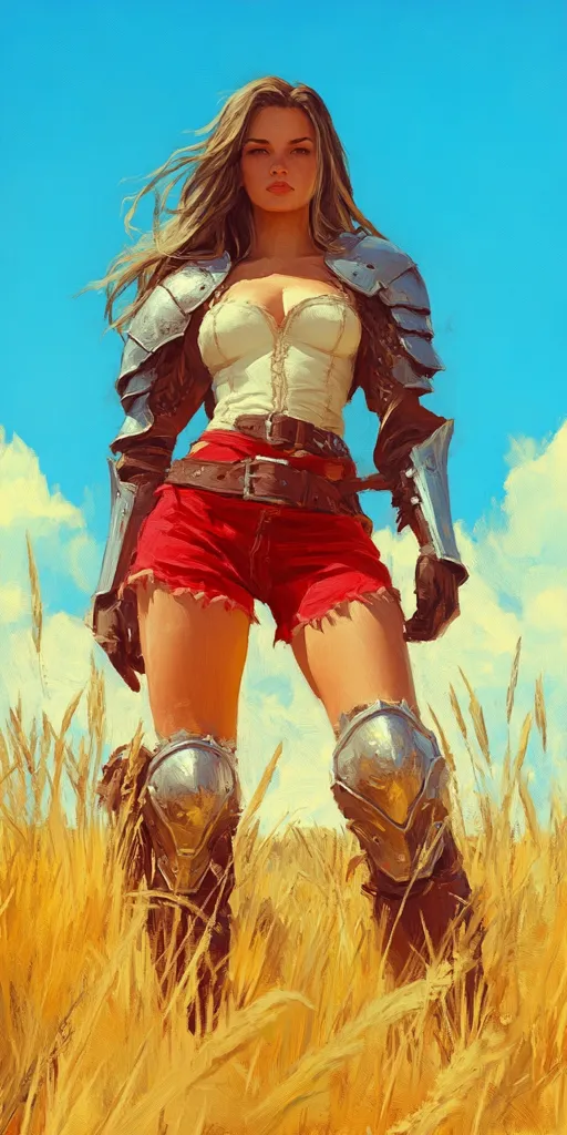 A woman in armor and red shorts stands in a field of tall grass, her gaze fixed on the horizon. She is wearing a white shirt, a leather belt, and metal gauntlets. The sky above is blue with white clouds. Her expression is serious, suggesting strength and determination. The scene is a blend of fantasy and realism, creating a sense of adventure.