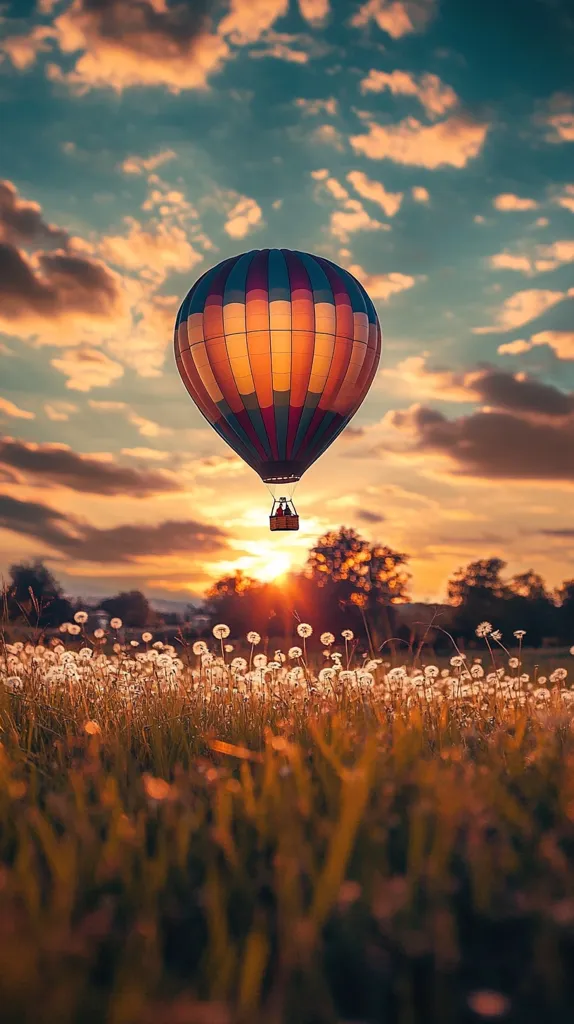 A colorful hot air balloon floats in the sky against a backdrop of fluffy clouds and a setting sun. The balloon is in the center of the image, with a field of dandelions in the foreground. The sun is setting in the background, casting a warm glow over the scene.  The image creates a sense of peace and tranquility.