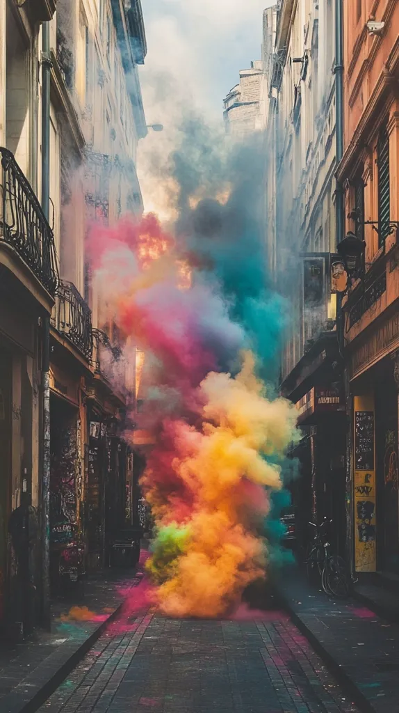A narrow alleyway between two buildings is filled with colorful smoke, casting a surreal glow on the brick pavement. The smoke billows and swirls, creating a vibrant and abstract scene. The buildings on either side are aged and worn, their windows reflecting the colorful haze. The smoke obscures the details of the buildings, leaving an air of mystery and intrigue.  A lone bicycle leans against the building in the background, adding a touch of everyday life to the otherworldly scene.