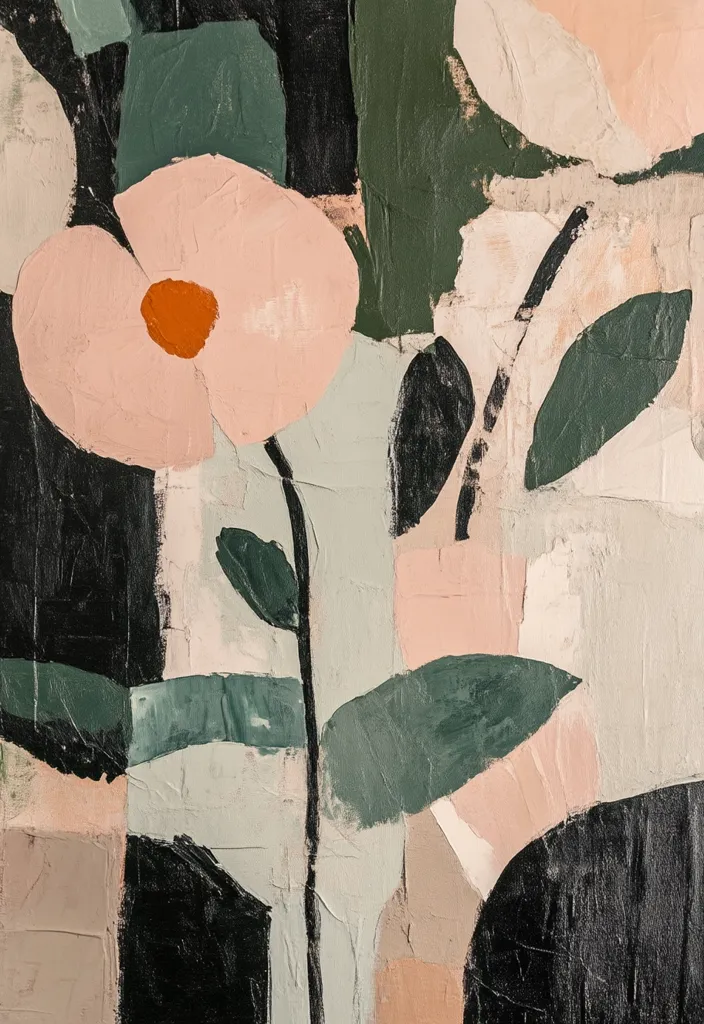 The image is a close-up of an abstract painting of a flower with large, pink petals and an orange center. The flower is set against a background of green and black leaves and a pale pink, green, and white canvas. The artist uses bold strokes and a limited color palette to create a sense of depth and texture. The overall effect is one of beauty and simplicity.
