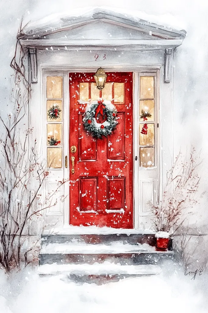 A watercolor painting of a red front door with a wreath and snow falling. The door is adorned with a festive wreath with a red ribbon and is surrounded by a white frame. The steps leading to the door are covered in snow, and the house number "93" is visible above the door. The scene is painted in a soft, whimsical style. The snow is depicted as light and fluffy, creating a cozy winter atmosphere.