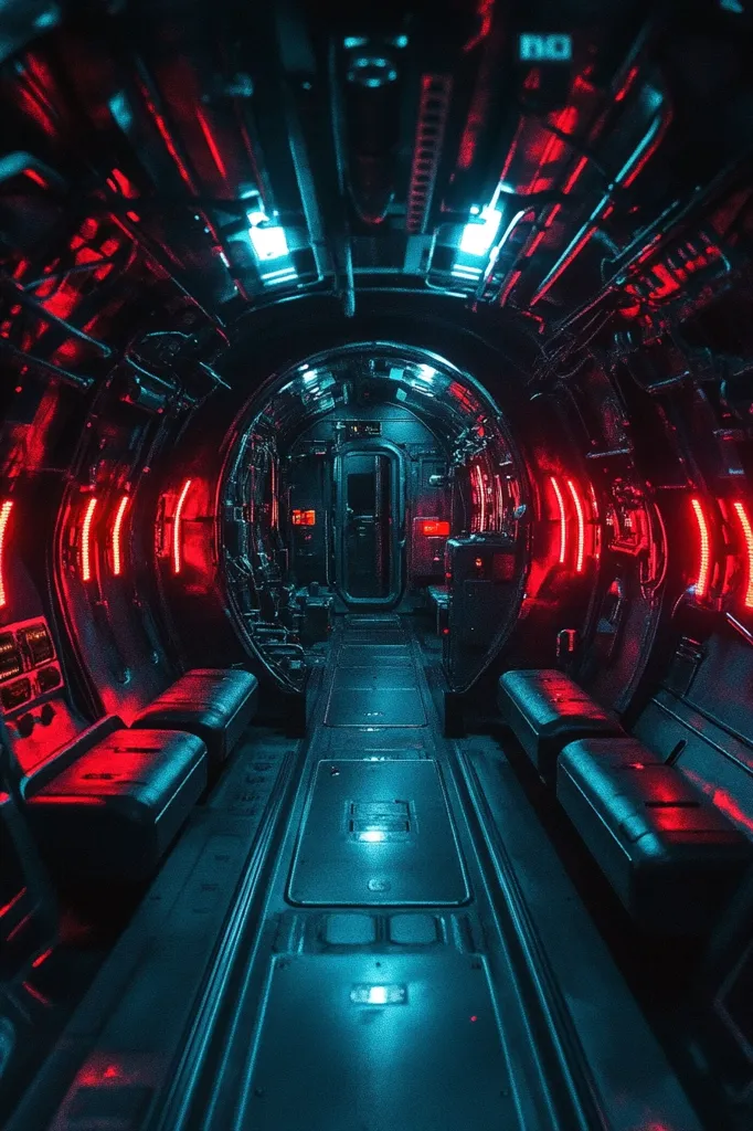 A futuristic, dimly lit tunnel, with red neon lights lining the walls. The tunnel curves slightly, leading to a closed door at the end. The floor is metallic, with a series of panels running down the center. On either side of the walkway, there are rows of dark, padded seats.  The overall effect is one of sleek, sterile modernity.  The tunnel suggests a high-tech vehicle or a space station.