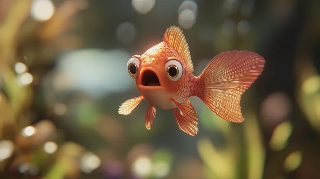 A goldfish with large, round eyes and an open mouth swims towards the viewer with a shocked expression. Its orange scales shimmer in the light, and its fins are spread wide. The background is blurry and out of focus, suggesting it is swimming in an aquarium. The goldfish's surprised expression and the blurry background create a whimsical and fun image.