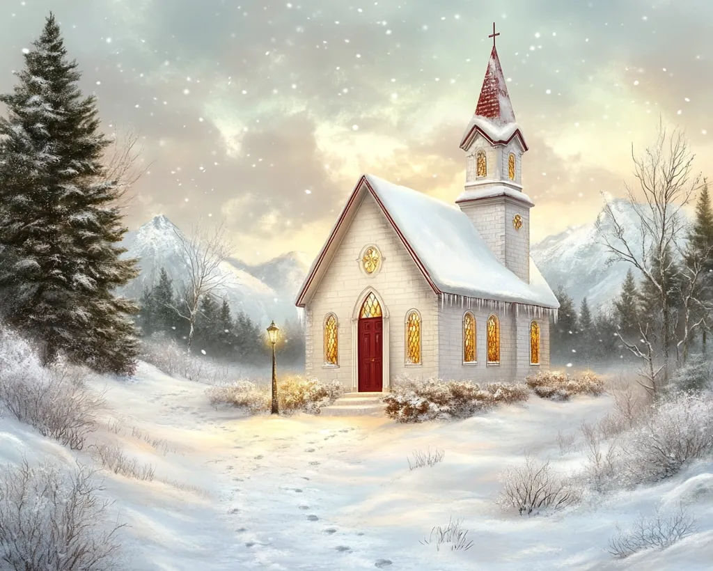 A white church with a red door and a steeple stands on a snowy hill in the middle of a winter wonderland. The church is surrounded by snow-covered trees and a mountain range in the distance. The sky is a soft blue with a few snowflakes falling. The scene is peaceful and serene, and the church seems to radiate warmth and comfort.  Footprints in the snow lead towards the church.  A lamp post glows softly on the left side of the image.