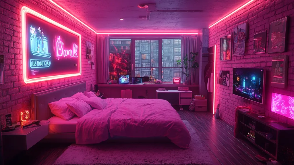 A bedroom with a pink and purple neon light theme.  The bed is made with white linens and pink pillows. There is a large window behind the bed with a view of city buildings.  A large flat screen TV sits on the wall and a neon sign on the wall reads "Good Night".  The floor is wood and the walls are brick.  There are several framed posters and pictures on the wall.