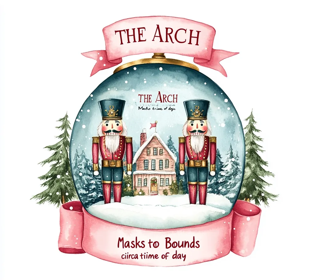 The image depicts a watercolor illustration of a snow globe with two nutcracker soldiers standing in front of a small house. It has a pink ribbon at the top that reads "THE ARCH" and "Masks to Bounds circa time of day". It evokes a sense of festive charm and nostalgia. The snow globe is surrounded by falling snow.