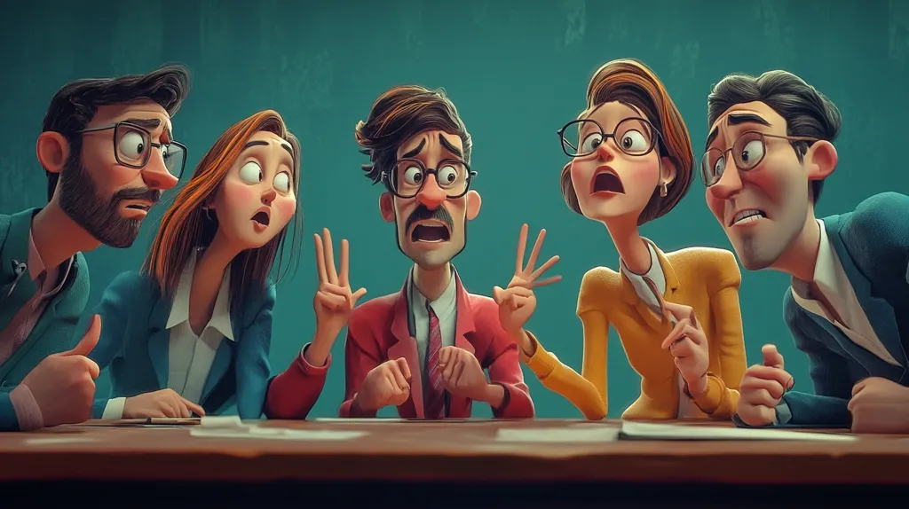 Five cartoon characters, all wearing glasses, are gathered around a wooden table. They are all looking at each other with expressions of shock and disbelief. Two of the characters are holding up their fingers. The background is a green wall. The scene suggests a moment of unexpected revelation or surprise.