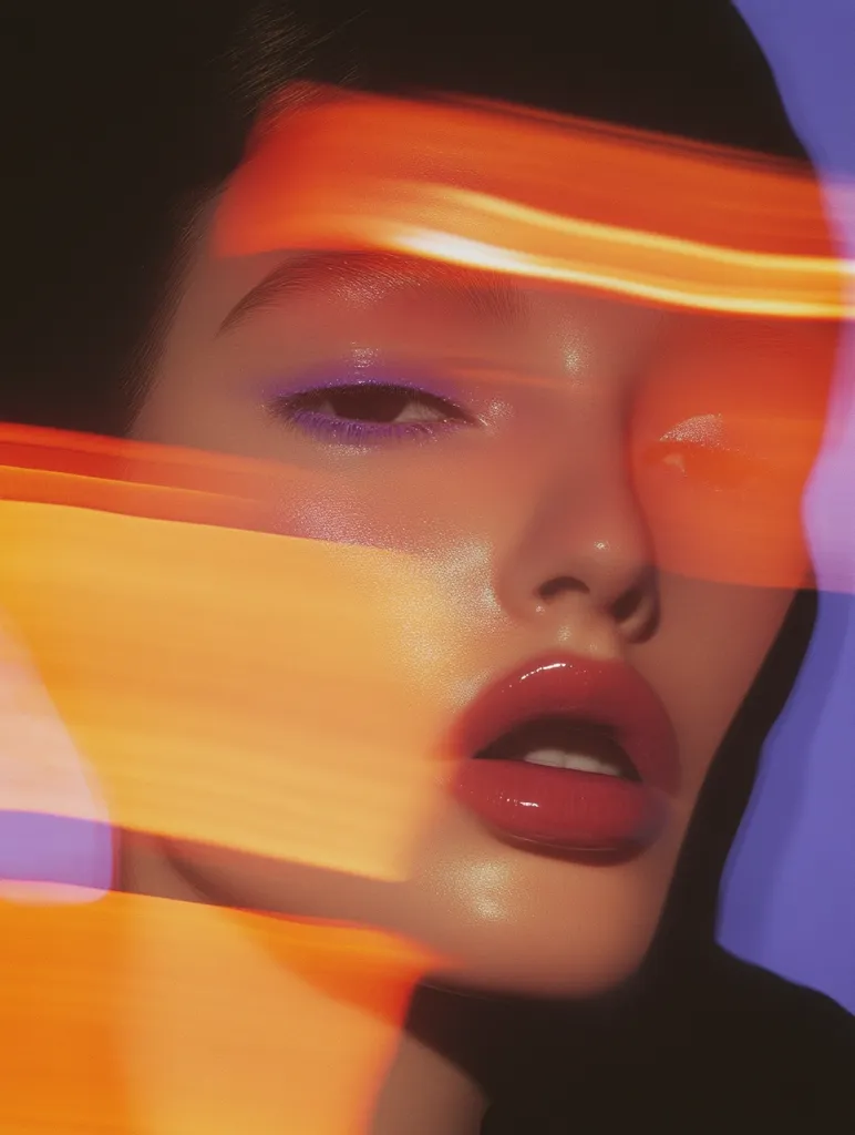 The image is a close-up portrait of a woman's face. Her skin is smooth and glowing, and her eyes are closed. She is wearing purple eyeshadow and pink lipstick. The background is a blur of orange and purple light. The woman's expression is one of serene beauty.