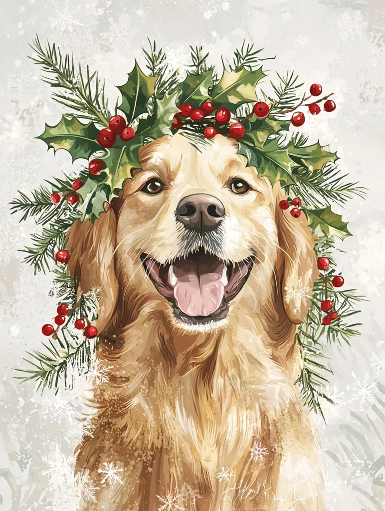 A golden retriever dog is wearing a Christmas wreath made of holly and red berries. The dog is looking at the camera with a happy expression, and its tongue is sticking out. The background is a snowy winter scene. The dog's fur is a warm golden color, and the wreath is a bright green with red berries. The snowflakes in the background add a festive touch to the image.