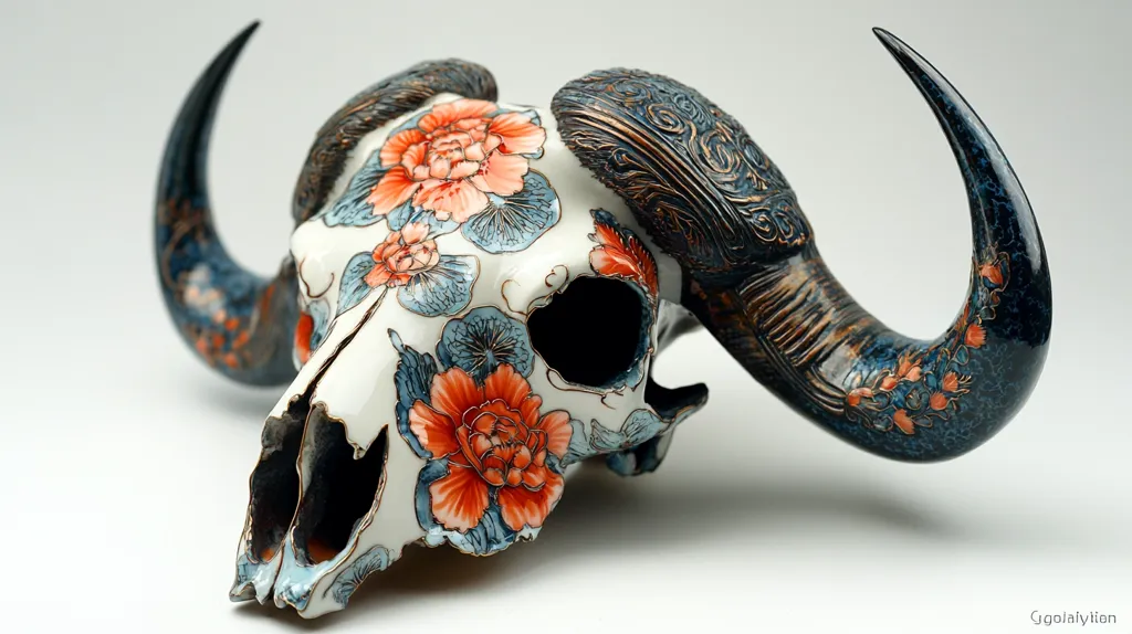 The image is of a ceramic bull skull with intricate floral designs. The skull is white with blue and red flowers and gold accents. The horns are a deep blue with hints of red. The skull is  laying on a white surface. The skull is a beautiful and unique piece of art.