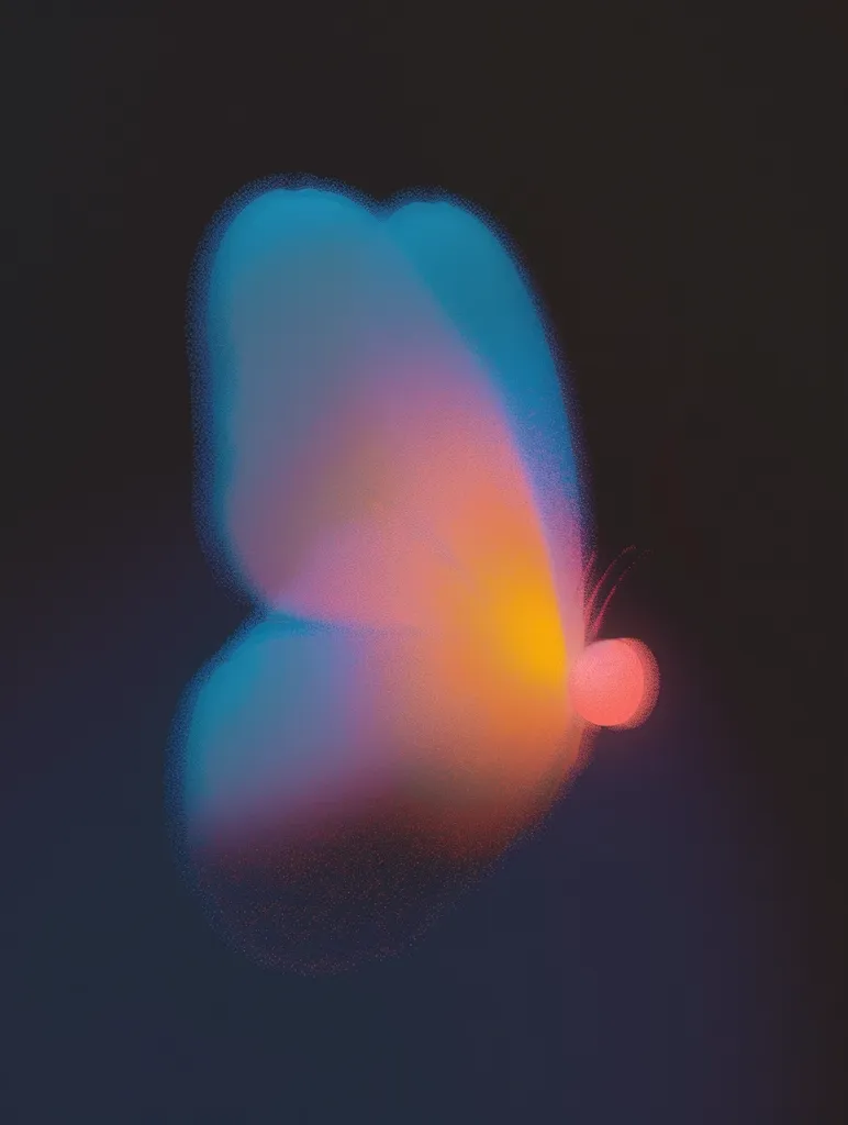 A stylized, abstract depiction of a butterfly in a dark, almost black background. The butterfly is rendered in a soft, blurry style with its wings a mixture of blue, pink, and orange. It appears to be in motion, with its wings blurred and its body slightly off-center. The overall impression is of a delicate and ethereal creature.