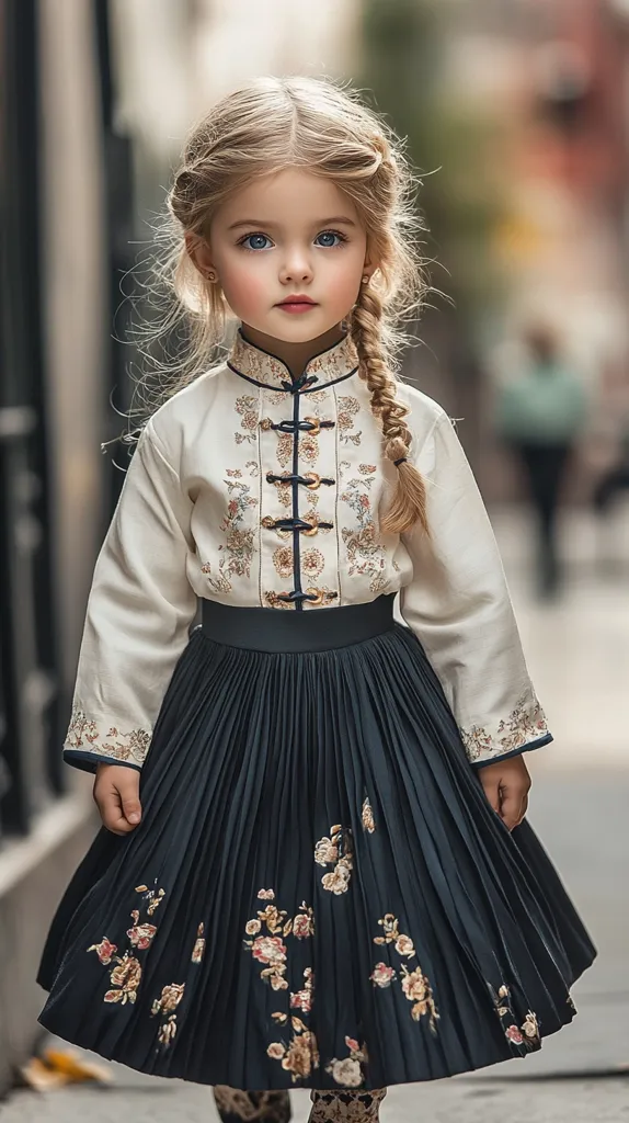 A young girl with blonde hair, wearing a white embroidered shirt with gold buttons and a black pleated skirt with floral accents, stands on a street.  She looks directly at the camera, her expression thoughtful. The blurred background suggests a city setting.
