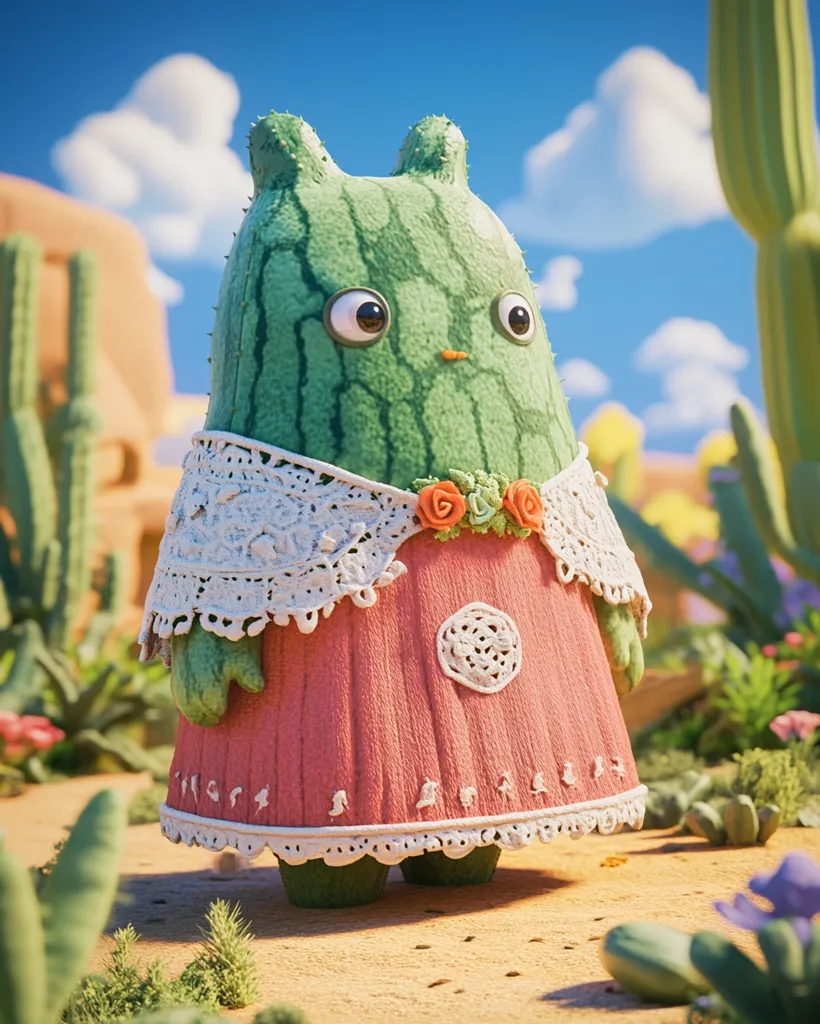 A cute, green, cactus-like creature wearing a pink dress with white lace and a flower crown stands in a desert landscape. The creature has large, expressive eyes and a gentle expression. There are cacti and other desert plants in the background, and the sky is blue with fluffy white clouds. The overall tone of the image is whimsical and charming.