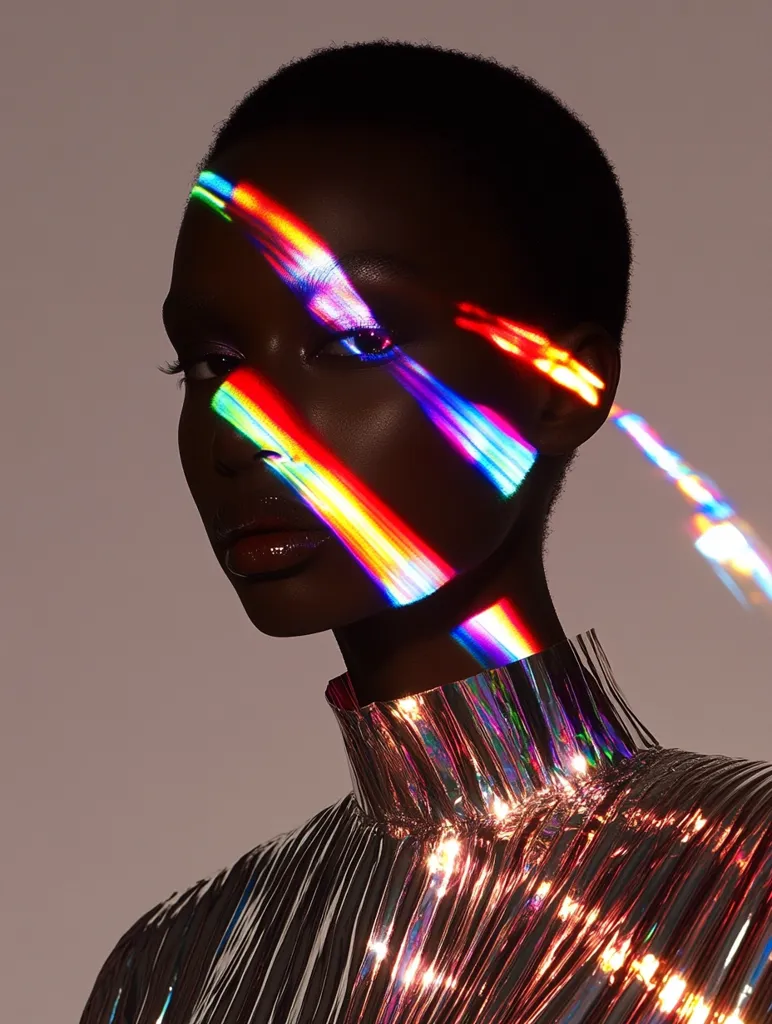 A young woman with dark skin is illuminated by a rainbow prism light.  The light is across her face and neck, with the rest of her body obscured by a silver metallic blouse. The background is a soft, neutral grey.  The lighting creates a dramatic and futuristic aesthetic.  The model has a serious expression.
