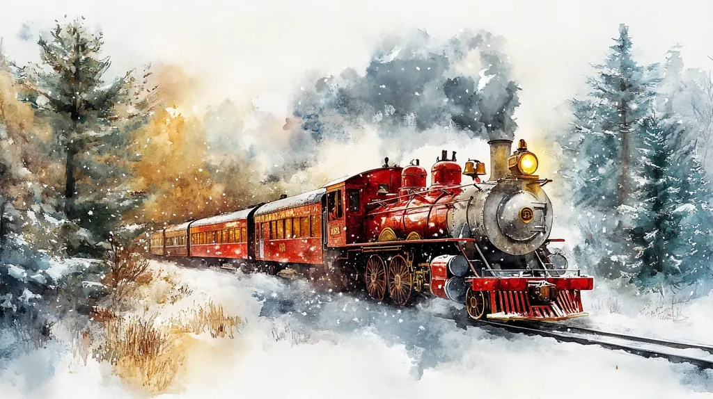 A red steam train chugs through a snowy forest. The train is brightly lit and spewing smoke as it travels through a forest of snow-covered pines. The image is painted in a watercolor style, with soft brushstrokes and a dreamy atmosphere. The train seems to be traveling on a journey through a winter wonderland.