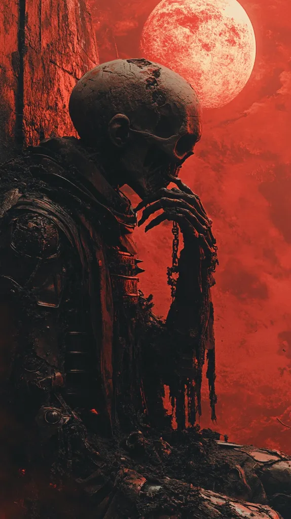 A skeletal figure, covered in dark grime, sits with its head bowed in contemplation. It holds a chain in its hand, its bony fingers resting against its chin. The figure is silhouetted against a blood red sky, with a large red moon hovering above. The scene is both eerie and captivating.