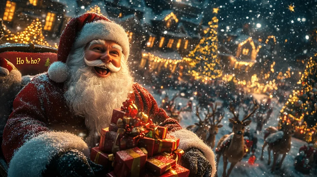 Santa Claus is in his sleigh, laughing, with a pile of presents in his lap.  He is surrounded by reindeer and a snowy, festive town in the background. The scene is magical and warm, with twinkling lights and falling snow. Santa appears joyful and ready to deliver gifts.  The image evokes the spirit of Christmas.