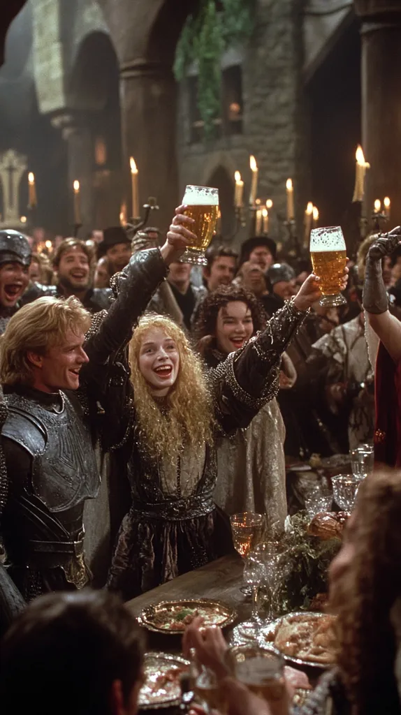 A group of people, including a man in armor and a woman in a long black dress, are toasting with mugs of beer. They are surrounded by other people, some of whom are holding glasses of wine. They are in a dimly lit room with stone walls and wooden tables. There are candles on the tables. The room is crowded and festive.