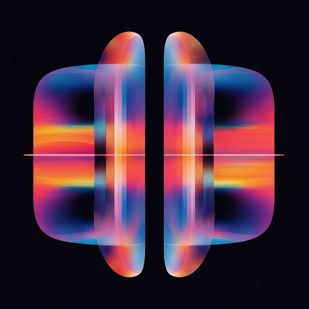 The image features two symmetrical, pill-shaped, translucent objects against a black background. They are composed of a series of thin, overlapping lines in vibrant colors, including blues, pinks, oranges, and yellows. The objects create a sense of depth and movement, resembling a ripple or wave effect.  A thin, horizontal line cuts across the center, reflecting the colors and enhancing the sense of symmetry. The image is abstract and visually striking, evoking a feeling of futuristic technology or digital art.