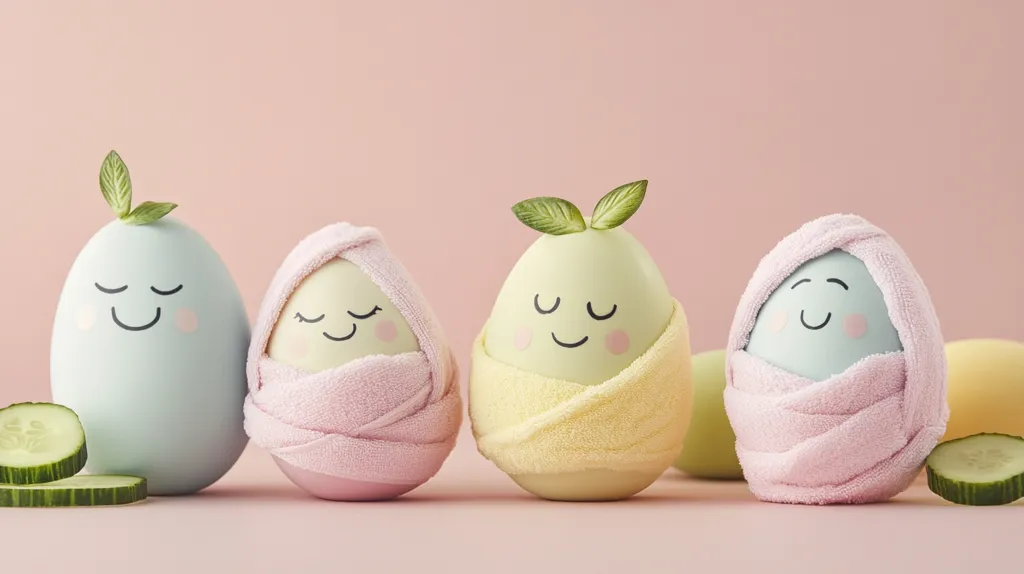Four eggs, each wrapped in a towel of a different color and with a cute, smiling face drawn on, sit on a pink background. Two cucumber slices are placed in front of the eggs.  The scene is a playful and humorous representation of a spa experience.  The eggs appear to be enjoying a relaxing time, while the cucumbers are meant to represent a cucumber facial treatment.  The light and pastel colors add to the whimsical nature of the scene.  This could be a fun and creative way to promote a spa or wellness service.