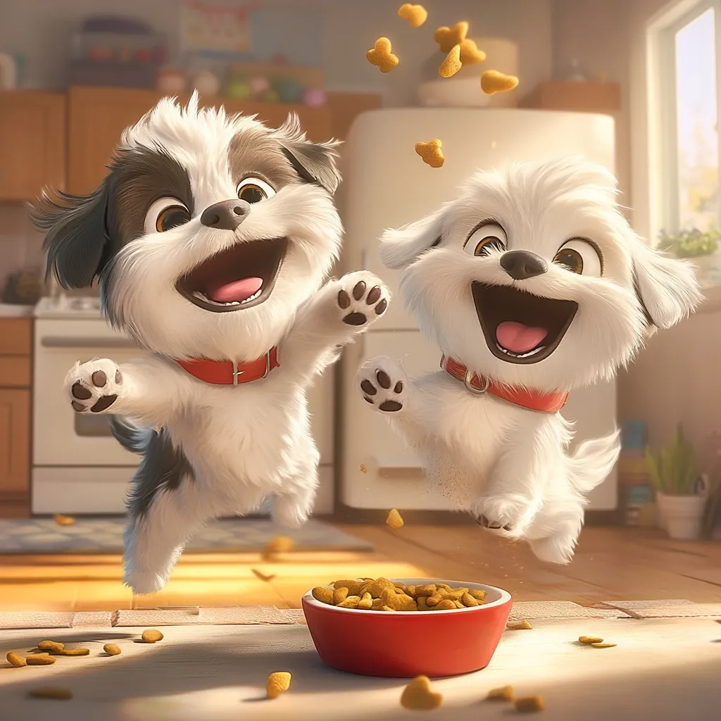Two cartoon puppies, one black and white and one white, are jumping in the air with their mouths open and tongues sticking out. They are surrounded by scattered dog food and a red bowl filled with more dog food. The puppies appear to be very happy and excited.  A kitchen and a white refrigerator are in the background.  The image is brightly lit and has a warm, inviting feel.