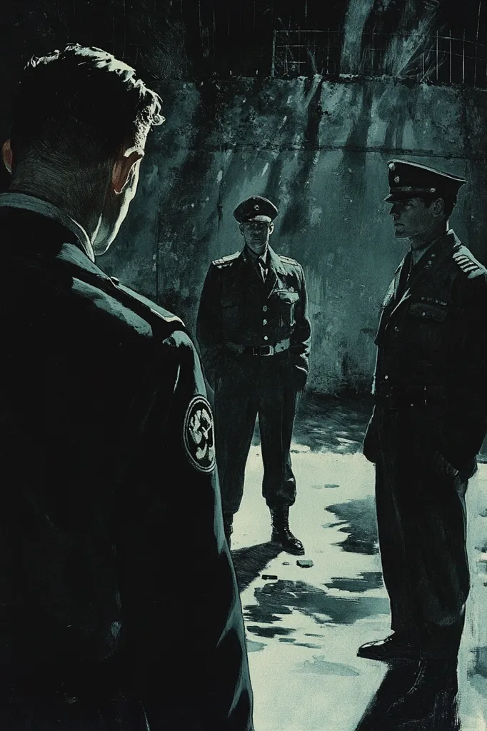 The image shows three men in military uniforms standing in front of a concrete wall. The man on the left is facing away from the viewer, while the other two men are facing him. The lighting is dark and moody, with shadows cast across the scene. The image evokes a sense of tension and suspense, as the viewer is left to wonder what is about to happen.