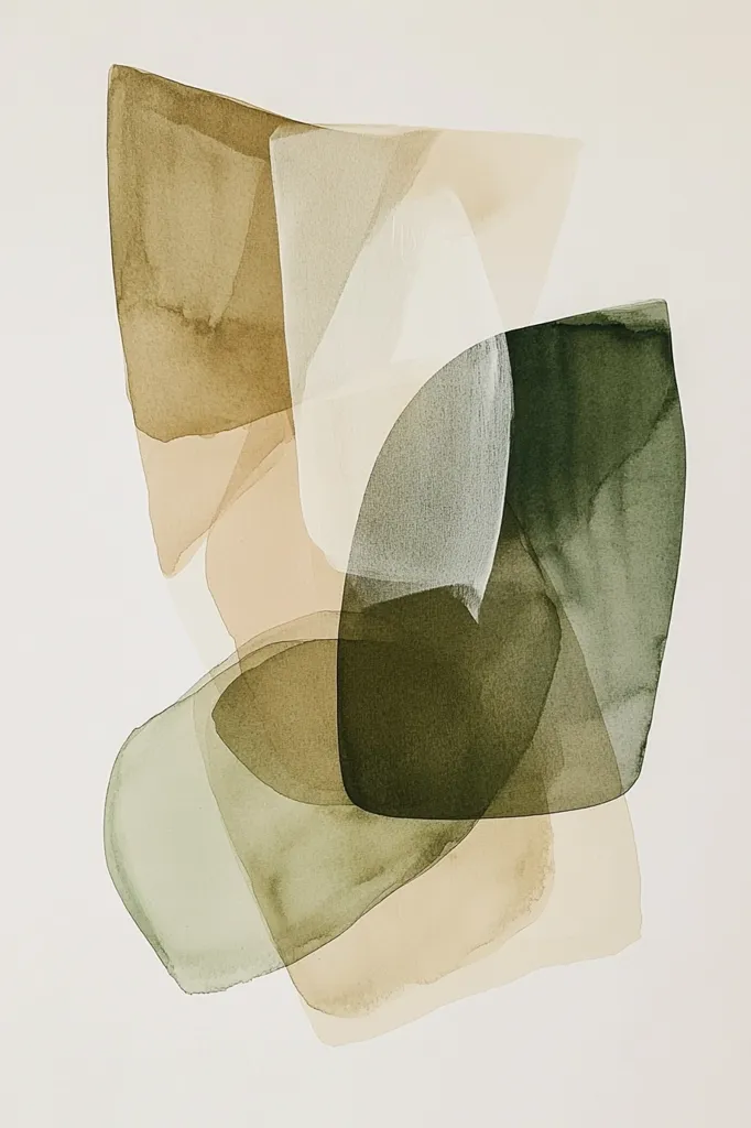 The image features an abstract watercolor painting with overlapping shapes in shades of green, brown, and cream. The shapes are irregular and fluid, creating a sense of movement and depth. The colors are muted and blend seamlessly, creating a calming and minimalist aesthetic. The overall composition is balanced and harmonious.