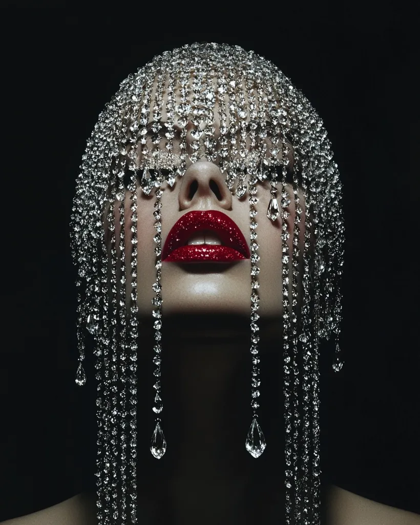 A woman's face is obscured by a dazzling diamond headpiece that drapes down in delicate strands. Her red lips are the only visible feature, adding a pop of color to the stark black background. The image evokes a sense of mystery and allure, hinting at the beauty that lies hidden beneath the shimmering veil.