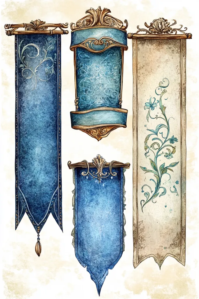 The image shows four decorative banners with elaborate gold trim. The banners are all vertical and rectangular in shape. Two of them are blue and have a decorative design on them, while the other two are beige with a delicate floral pattern. The banners are all blank, so they can be used for various purposes. They are painted in a watercolor style, giving them a whimsical and charming look.