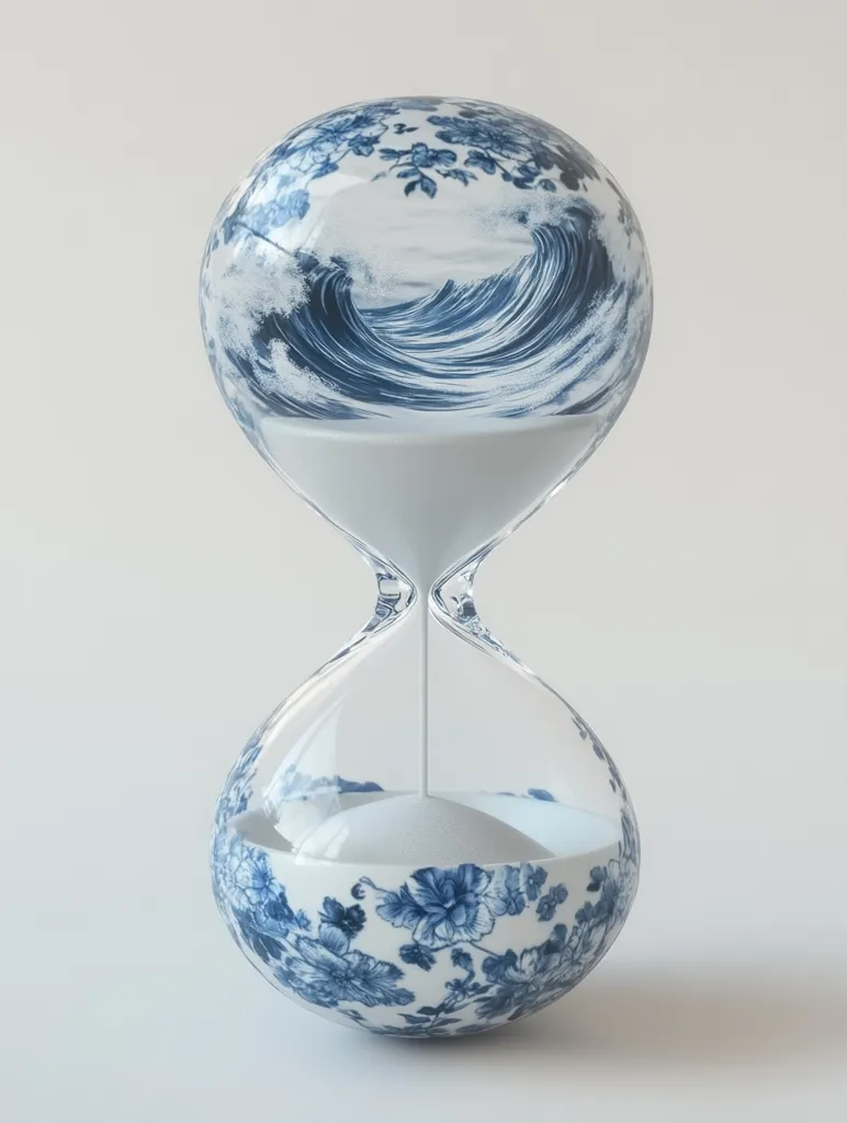 A glass hourglass with a blue and white floral design. The top bulb features a blue wave crashing in the ocean, and the bottom bulb has white sand slowly falling through a narrow opening. The hourglass is positioned against a white background.  The image is a representation of the passage of time.