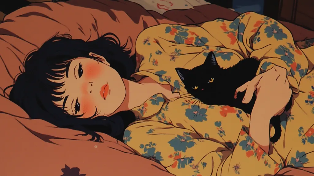 The image depicts an anime-style illustration of a young woman with long black hair, lying on a bed with a black cat. She is wearing a yellow and blue floral shirt. Her face is blushing, and she has her eyes closed as if she is sleeping. The cat is nestled close to her, and its eyes are open and alert. The image has a warm and cozy aesthetic, suggesting a sense of peace and tranquility.