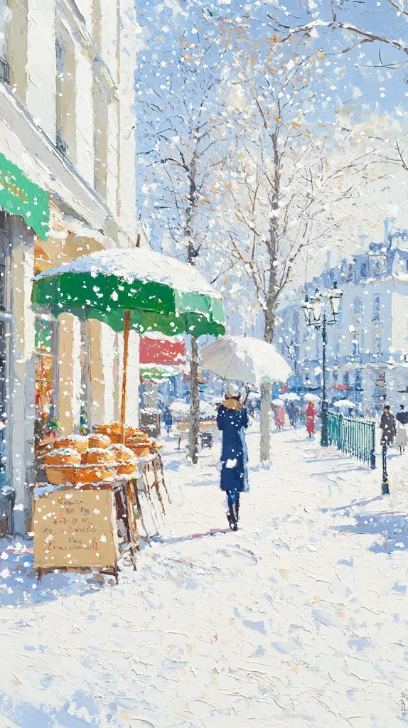 A snowy Parisian street scene, with a woman in a blue coat walking under a white umbrella. The street is lined with buildings and trees, and a green awning shades a cafe. Snow falls softly, creating a peaceful winter atmosphere. The painting's textured brushstrokes give a sense of depth and movement.