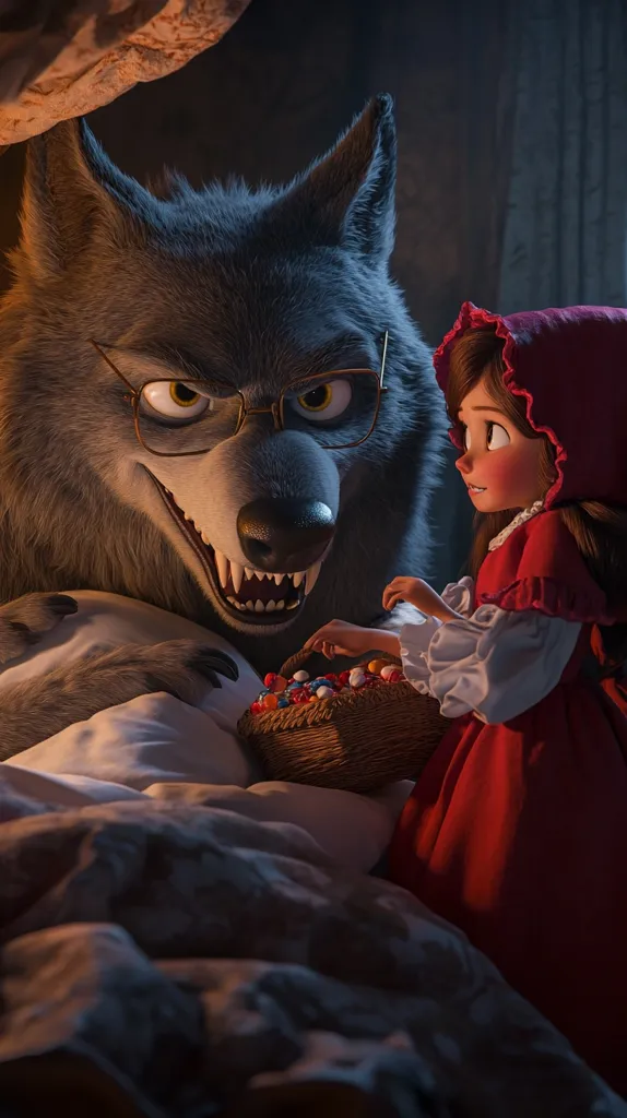 The image depicts a wolf wearing glasses and a red riding hood girl. The wolf has a menacing grin, while the girl seems unaware of the danger. The wolf is lying in bed, while the girl holds a basket of sweets. The image is set in a dimly lit room, with a blanket draped over the bed. The scene appears to be a humorous twist on the classic fairy tale, with the wolf playing the role of the victim.