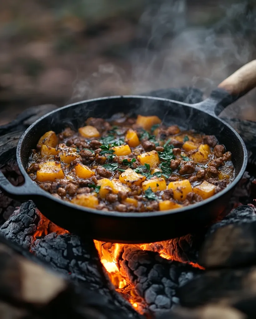 A cast iron skillet filled with a stew of diced potatoes, ground meat, and herbs sits on a bed of burning embers.  The stew is bubbling and steaming, with the aroma of savory spices filling the air.  The rustic setting and hearty meal create a scene of warmth and comfort in the wilderness.